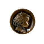 A 19th CENTURY CONTINENTAL CIRCULAR CAST BRONZE PLAQUE of a young child, signed Matagrin 1873,