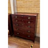 AN EARLY 19th CENTURY MAHOGANY CHEST OF DRAWERS, the reeded edge top above five graduated drawers,