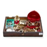 A BOX OF MISCELLANEOUS COSTUME JEWELLERY AND WATCHES.