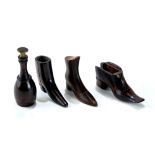 A 19th CENTURY CARVED ROSEWOOD BOOT-FORM TOOTHPICK/SPILL HOLDER with brass pique sole, 2 1/2",