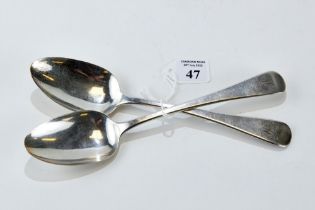 A PAIR OF WILLIAM IV SILVER TABLE SPOONS, engraved initial "H", maker: WB, London 1833,