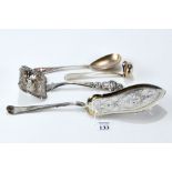 A DANISH WHITE METAL PIERCED AND ENGRAVED FISH SLICE, a Continental white metal SIFTER SPOON,