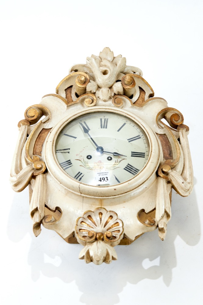 A LATE 19th CENTURY FRENCH CARTEL STYLE WALL CLOCK, twin train movement striking on a gong,