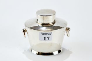 A LATE VICTORIAN OVAL SILVER TEA CADDY AND COVER with ring side handles, maker: HW.