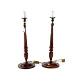 A PAIR OF GOOD QUALITY GEORGIAN REVIVAL MAHOGANY CANDLESTICKS with fluted stems and foliate brass