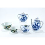 AN EARLY 20th CENTURY JAPANESE PORCELAIN THREE-PIECE TEASET decorated in underglaze blue with