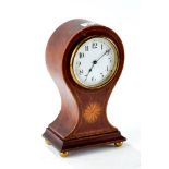 AN EDWARDIAN INLAID MAHOGANY BALLOON SHAPED MANTLE CLOCK,