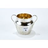 A VICTORIAN SILVER DOUBLE-HANDLED SUGAR BOWL, gilded interior, maker: JW.