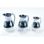 A RARE GRADUATED SET OF 3 19th CENTURY STAFFORDSHIRE PRATT-WARE TYPE JUGS,