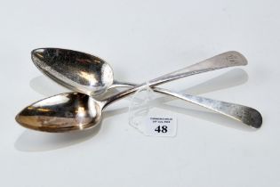 A PAIR OF GEORGE III SILVER TABLE SPOONS, engraved initials "WP", maker: T.W.