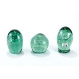TWO 19th CENTURY OVOID KILNER GLASS DUMPS, 5" & 4", and another of globular form, 3 3/4" high,