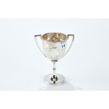 AN EDWARDIAN SILVER DOUBLE HANDLED TROPHY CUP with vacant cartouche and embossed foliate decoration,