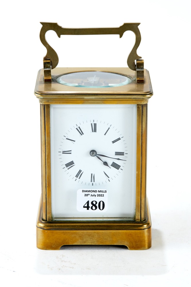 R & CO, PARIS, A LATE 19th / EARLY 20th CENTURY BRASS TWIN-TRAIN CARRIAGE CLOCK, striking on a gong,