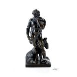 A 19th CENTURY PATINATED BRONZE FIGURE OF HERCULES AND CERBERUS raised on a rectangular base,