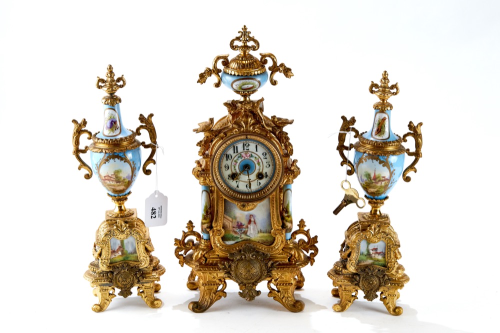 A LATE 19th CENTURY FRENCH GILT METAL AND SEVRE'S STYLE CLOCK GARNITURE,