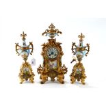 A LATE 19th CENTURY FRENCH GILT METAL AND SEVRE'S STYLE CLOCK GARNITURE,