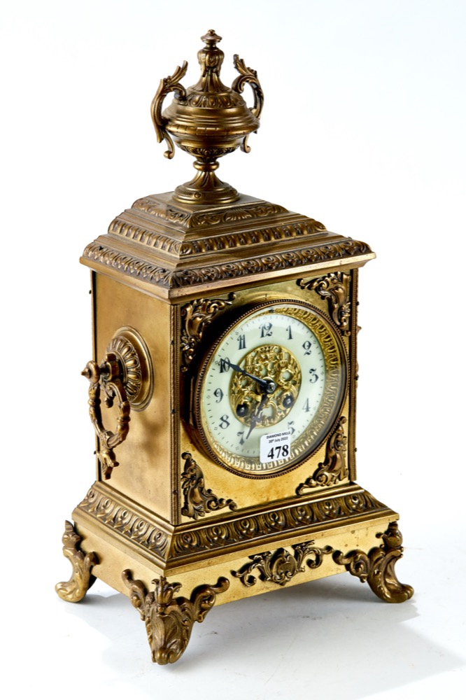 A LATE 19th CENTURY FRENCH CAST-BRASS MANTEL CLOCK, twin train Japy Frere's movement,