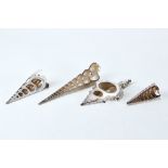 FOUR ORNAMENTAL SEA SHELLS with hallmarked silver overlay (4).