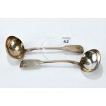 A PAIR OF VICTORIAN SILVER FIDDLE-PATTERN SAUCE LADLES, engraved initial "D", maker: WRS,
