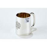 A GEORGE V SILVER CHRISTENING MUG of tapering cylindrical form with gilded interior,