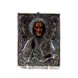A 19th CENTURY HAND-PAINTED ORTHODOX RELIGIOUS ICON with pierced and embossed silver overlay,