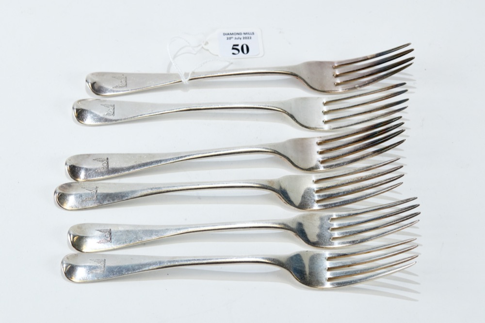 A SET OF SIX GEORGE III SILVER TABLE FORKS, engraved winged crest, maker: CB.