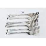 A SET OF SIX GEORGE III SILVER TABLE FORKS, engraved winged crest, maker: CB.