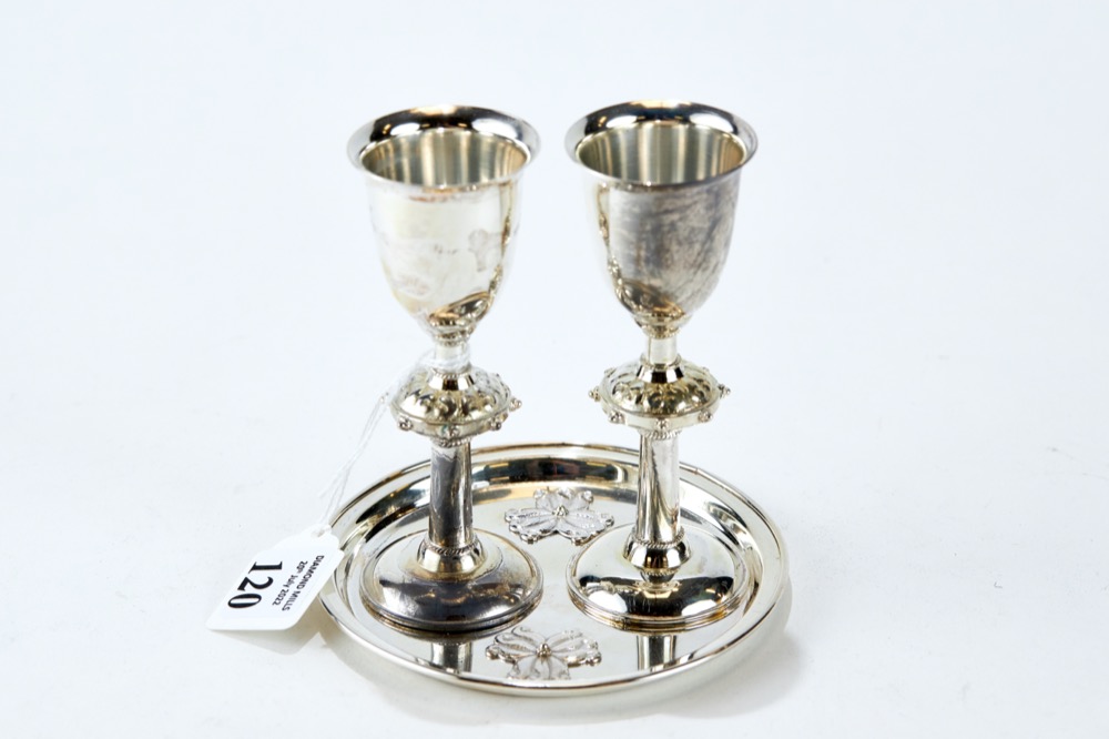 A 20TH CENTURY RUSSIAN WHITE METAL MARRIAGE GOBLETS AND STAND SET each with circular collared stems