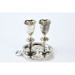 A 20TH CENTURY RUSSIAN WHITE METAL MARRIAGE GOBLETS AND STAND SET each with circular collared stems