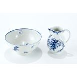 AN 18th CENTURY WORCESTER BLUE AND WHITE FLORAL AND FRUIT DECORATED BOWL (hairline crack),