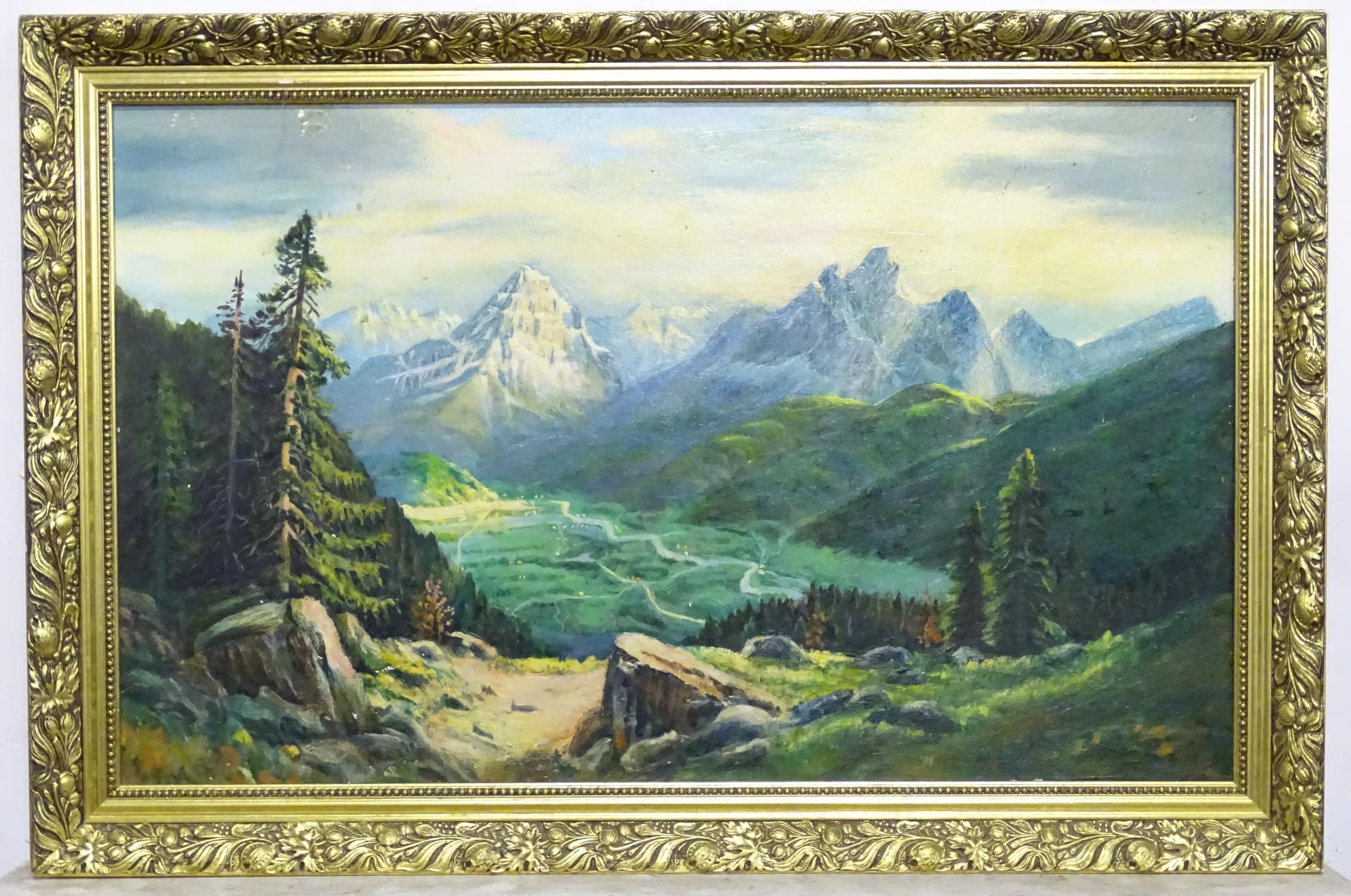 A 20th century oil on canvas depicting a mountainous landscape scene Please Note - we do not make