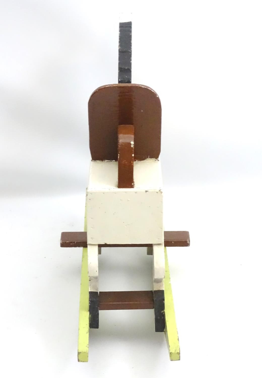 A scratch built and painted wooden rocking horse on bows with brown painted back and foot rest. - Bild 5 aus 10