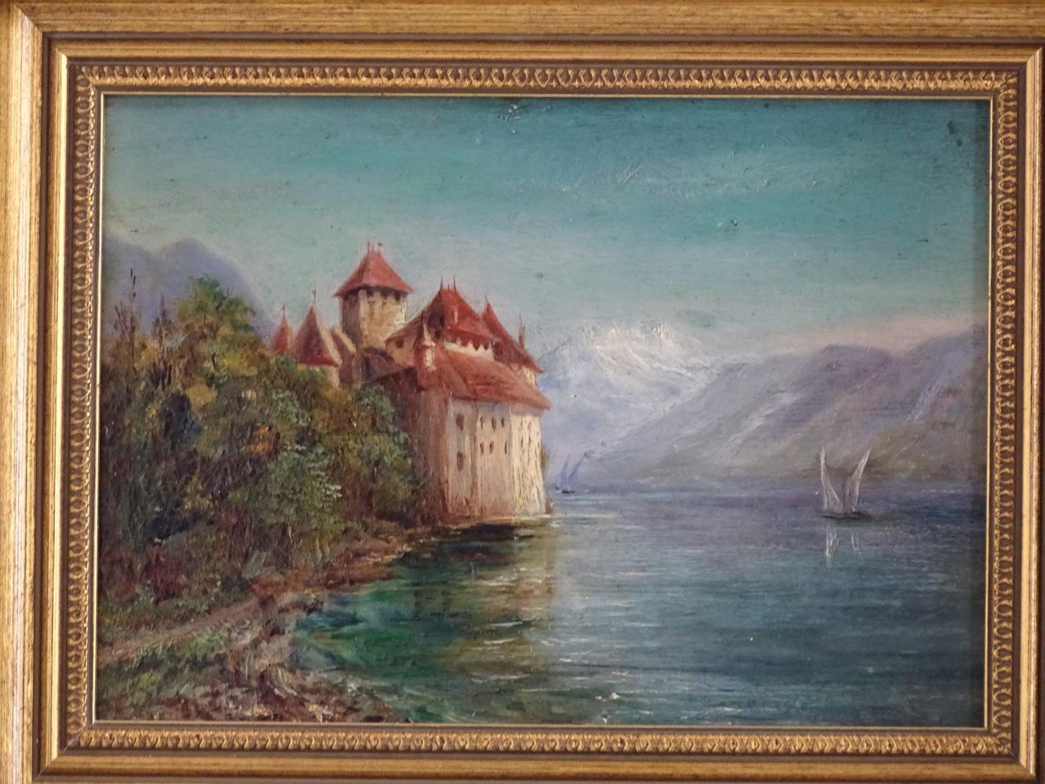 20th century, Swiss School, Oil on panel, Chateau Chillon, Switzerland, A view of Chillon Castle - Bild 2 aus 6