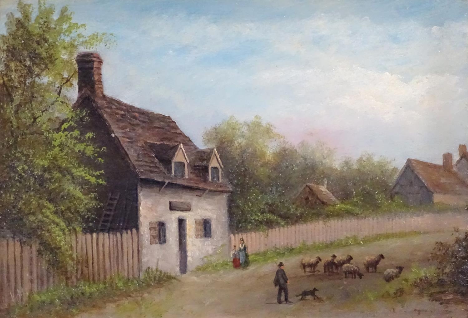 Initialled V. M., Early 20th century, Oil on panel, A rural scene with a figure and sheep passing - Bild 3 aus 3