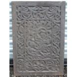 A cast iron fireback with figural detail and a foliate border. Approx. 17 1/4" x 25 1/2" Please Note