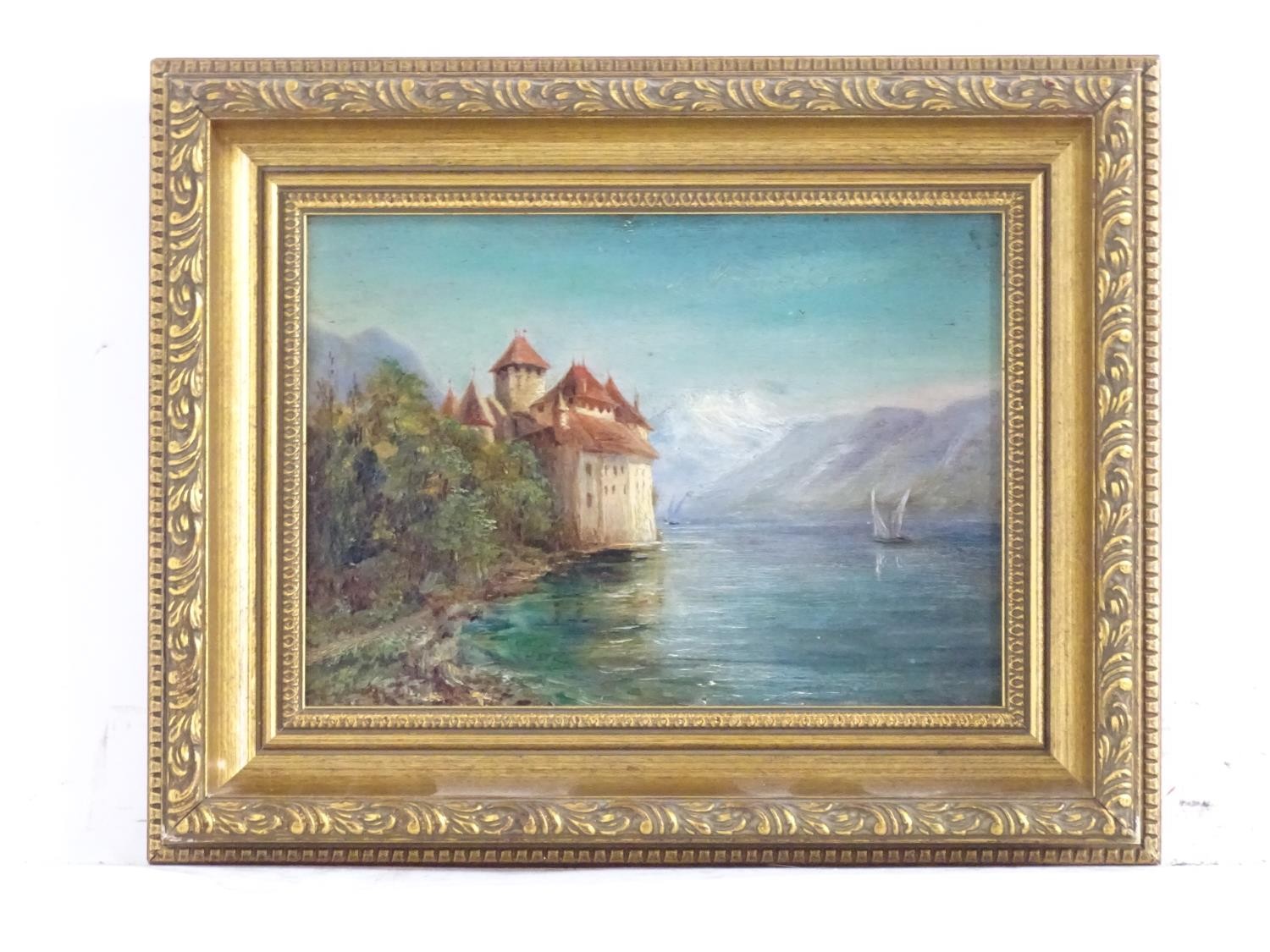 20th century, Swiss School, Oil on panel, Chateau Chillon, Switzerland, A view of Chillon Castle