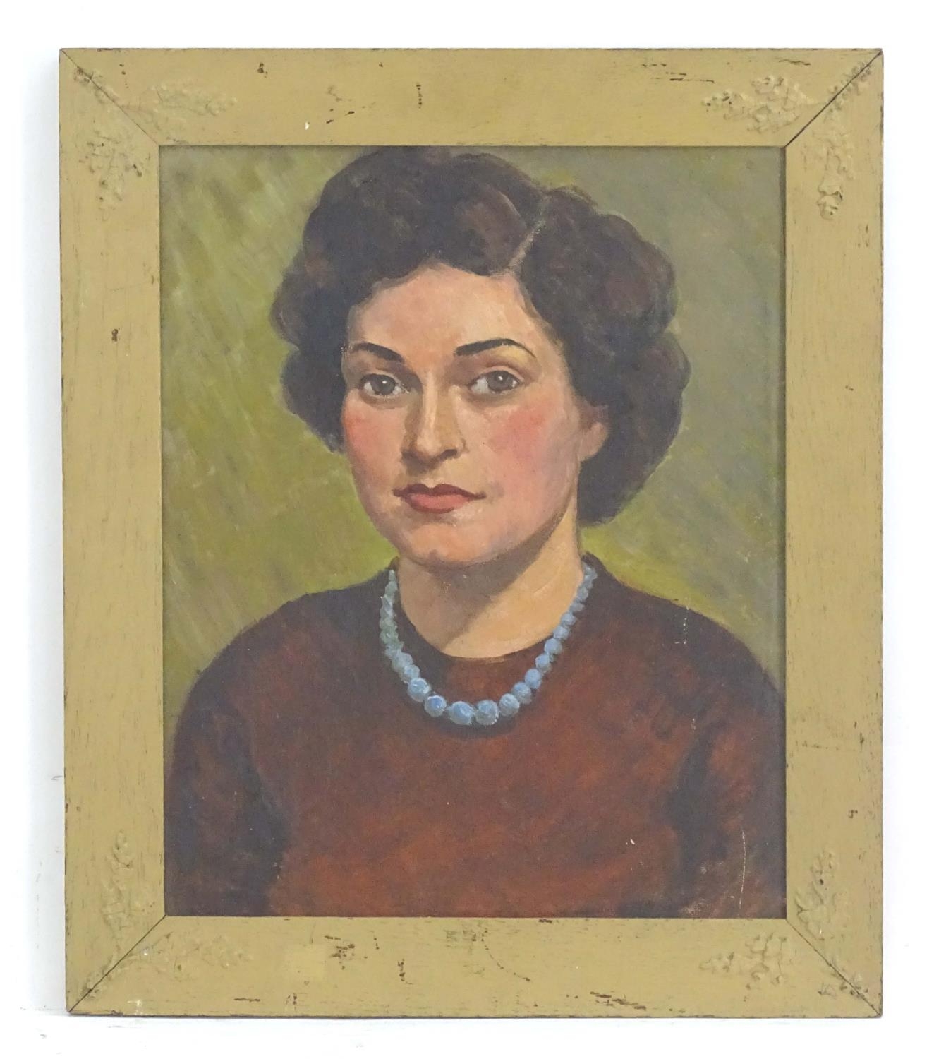 20th century, Oil on board, A portrait of a lady with short curly hair wearing a blue bead necklace.