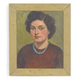 20th century, Oil on board, A portrait of a lady with short curly hair wearing a blue bead necklace.