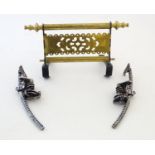 A 19thC brass and iron hanging footman , together with a pair of 19thC window crank and slide