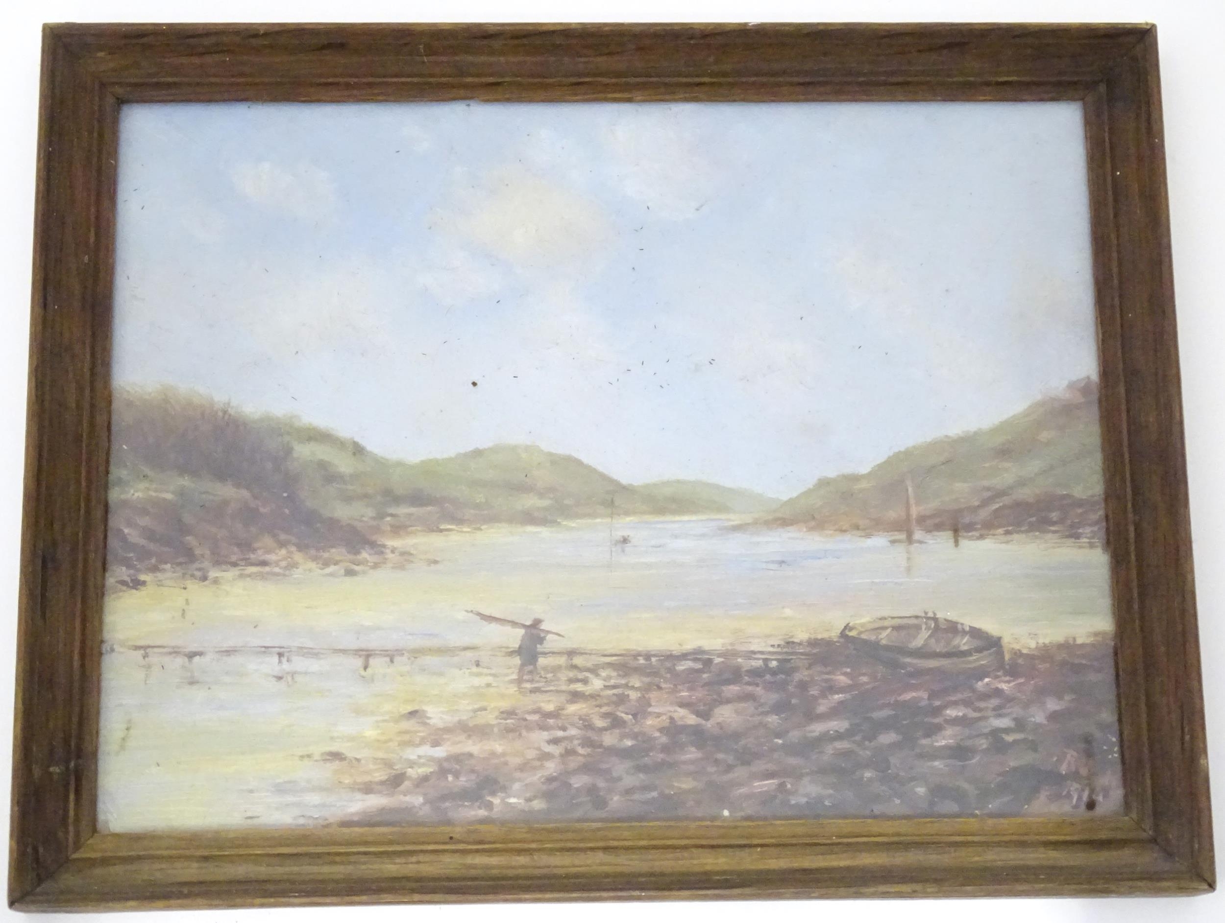 An oil on board painting depicting an estuary scene with a figure and boats. Signed R. L. H. and