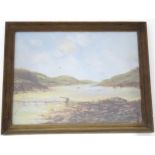 An oil on board painting depicting an estuary scene with a figure and boats. Signed R. L. H. and