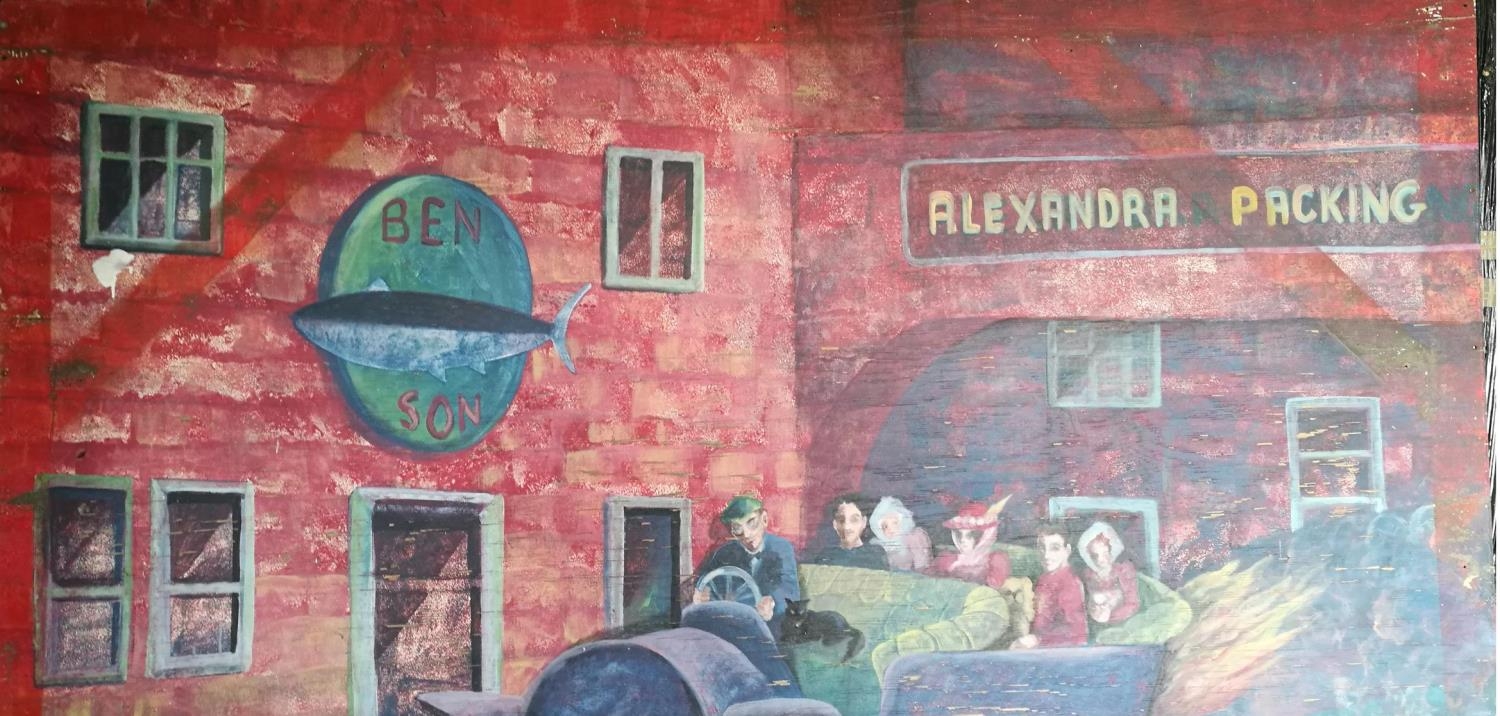 Anita Benson, 20thC, American School, Mural, Early Row Scene, Cannery Row, sponsored by Steinbeck - Bild 2 aus 3