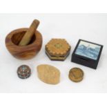 A quantity of assorted trinket boxes, together with a turned hardwood pestle and mortar Please