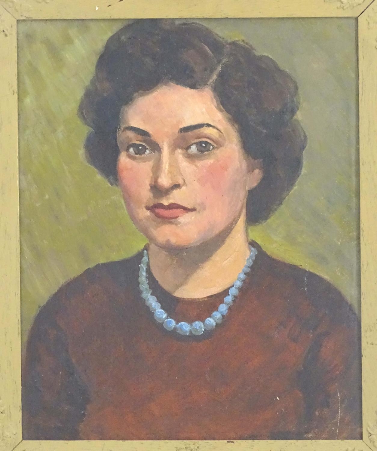 20th century, Oil on board, A portrait of a lady with short curly hair wearing a blue bead necklace. - Bild 3 aus 4