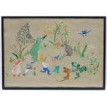 20thC, Embroidery on silk, A cartoon scene with elves, frogs, rabbits, hedgehog, frog, mouse and owl