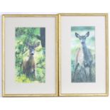 Paul, 20th century, A pair of over painted prints on watercolour paper, Deer in woodland. Signed