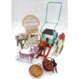 A quantity of toys / doll items to include a pram, smalls chairs, stool, rocking horses etc.
