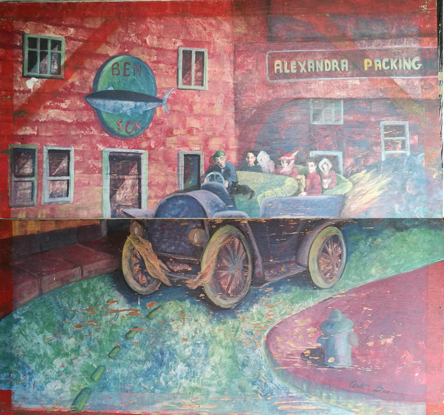 Anita Benson, 20thC, American School, Mural, Early Row Scene, Cannery Row, sponsored by Steinbeck