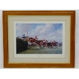 After Alan Fearnley, Coloured Print, Grand National image, Bechers Brook. Signed under by Lord
