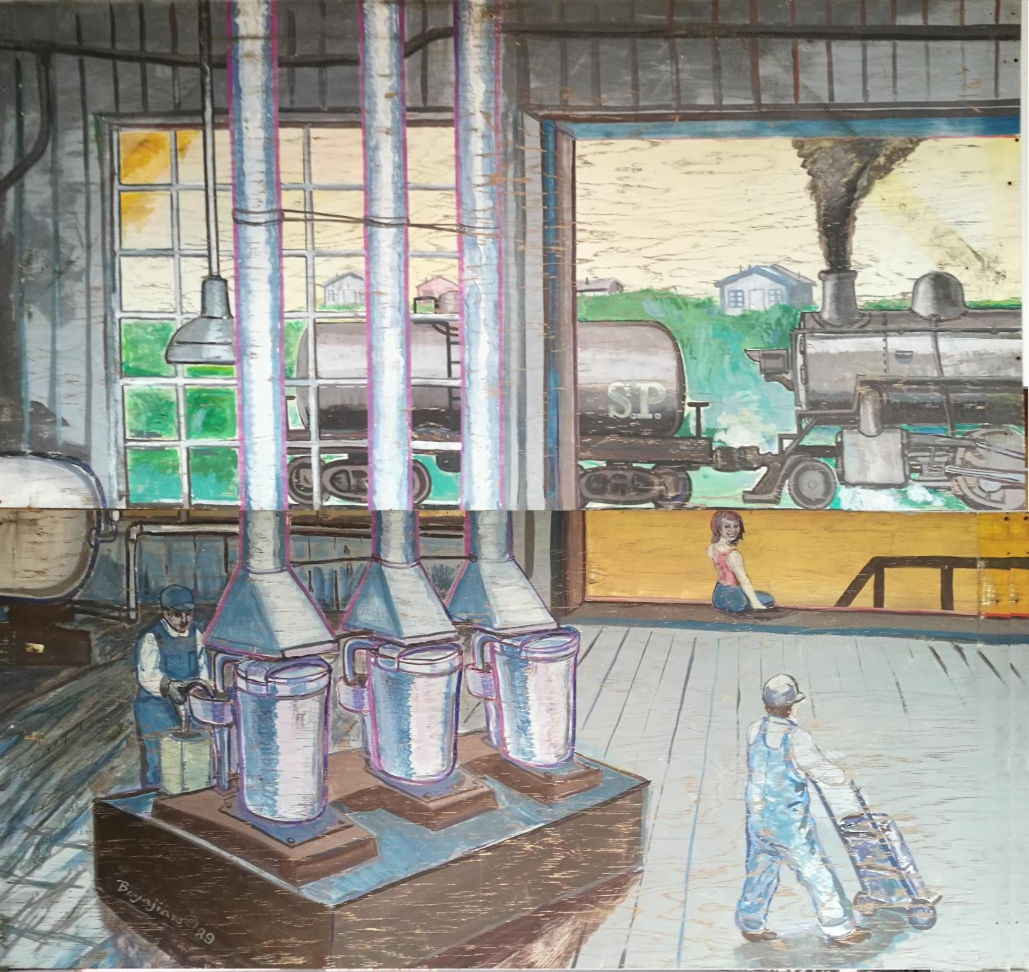 Jerry Boyajian, 20th century, American School, Two-Sectional Mural, Fish Oil Separators, in memory